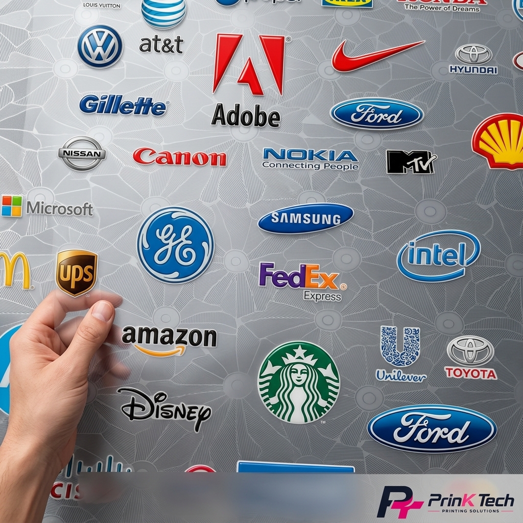 In tem UV DTF tờ A3 29x40cm nổi 3D nhiều logo thương hiệu PrinK Tech